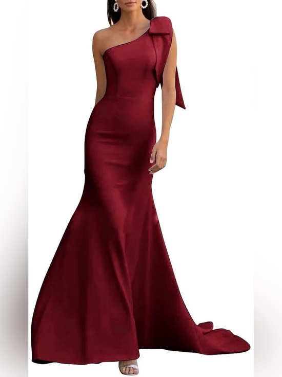 criebdk Dresses & Skirts - One-Shoulder Burgundy Mermaid Evening Gown with Bow Detail